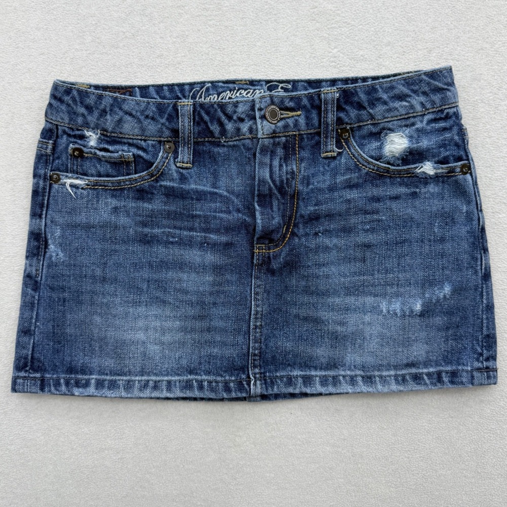 American Eagle Denim Mini Skirt Womens Size 0 Blue Distressed Low Rise Cotton